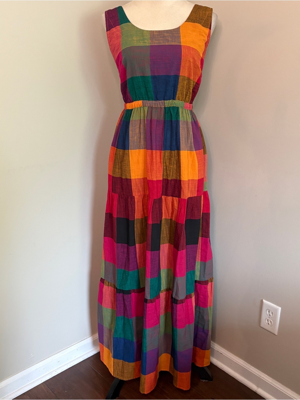 Rujuta Sheth Gema Tiered Maxi Multi-Chex Multicolor Plaid Tie Back Boho Small - Picture 4 of 10